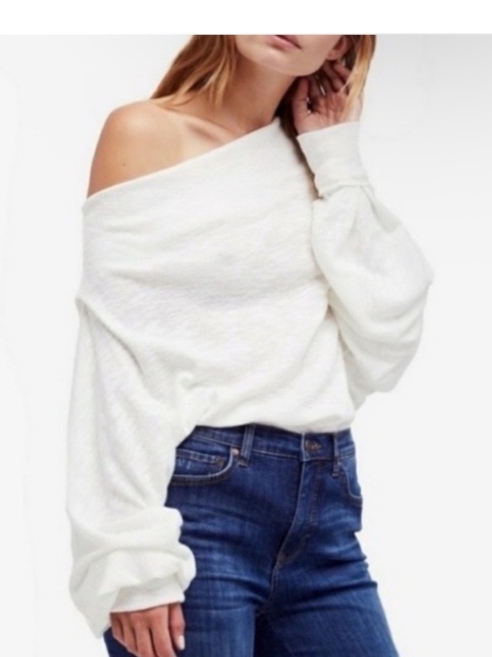 Free People We The Free Skyline Off Shoulder Thermal Top Slub Knit White Large